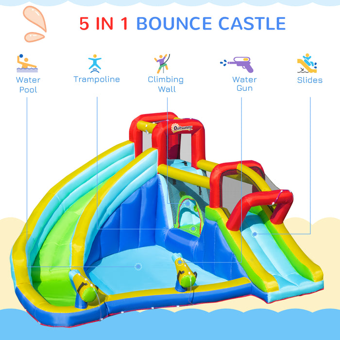 Extra Large 5-in-1 Inflatable Bounce Castle with Trampoline, Slide, Pool - Includes Climbing Wall & Water Gun - Perfect for Kids Aged 3-8 Years and Outdoor Play