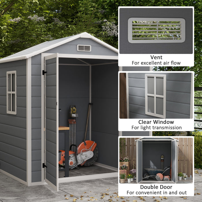 Garden Storage Shed 6'x4.5' - Lockable Double Doors, Window, Ventilation & Durable Plastic Roof, Grey - Ideal for Tools and Equipment Safety