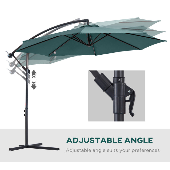 Banana Parasol Hanging Cantilever Umbrella - 3m with Crank Handle, 8 Ribs, Cross Base, Sun Shade in Dark Green - Ideal for Outdoor Relaxation and UV Protection