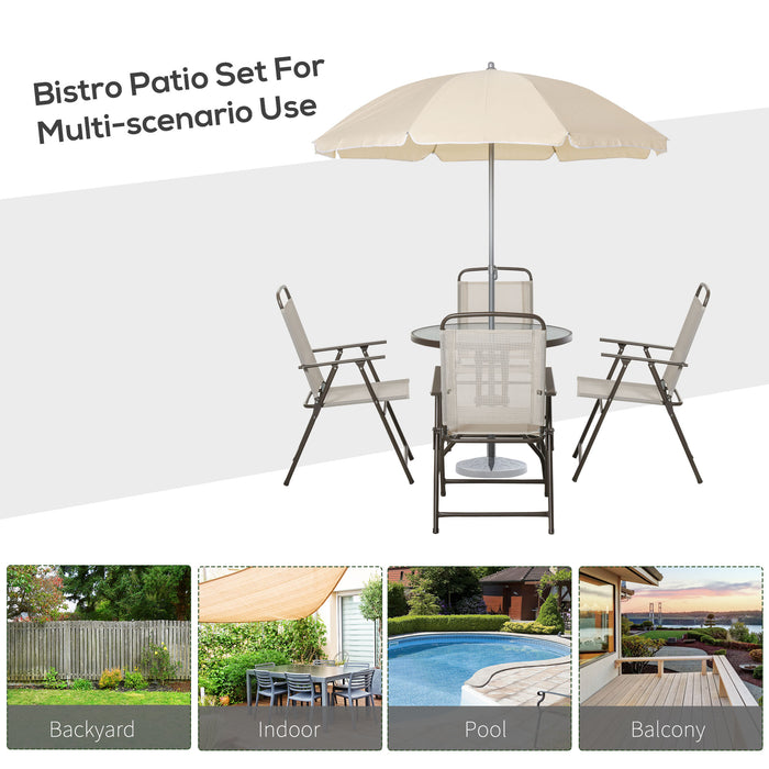 6-Piece Beige Garden Bistro Set - Texteline Folding Chairs, Patio Table & Parasol Combo - Perfect Outdoor Furniture for Relaxation and Entertaining