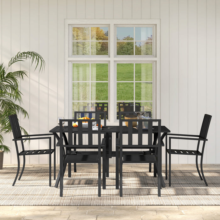 7-Piece Outdoor Dining Set with Umbrella Hole - Garden Table and 6 Chairs for Poolside Enjoyment - Perfect for Patio Gatherings and Al Fresco Dining, Black