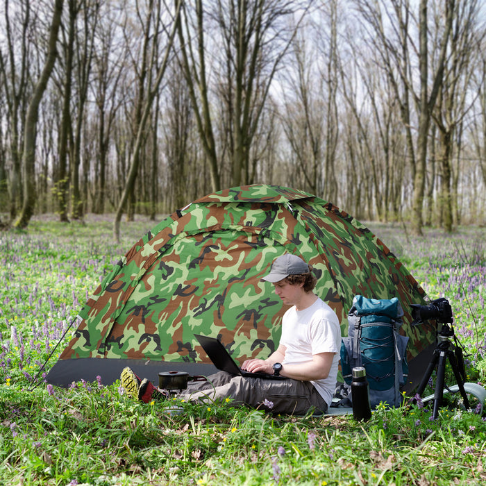 2 Person Camouflage Camping Tent - Zippered Entry, Internal Storage Pocket, Compact Travel Bag - Ideal for Outdoor Adventures and Hiking Couples