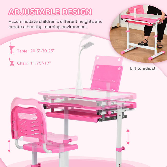 Height Adjustable Children's Study Desk with Chair - Ergonomic Design with USB Lamp and Storage Drawer - Ideal for Homework and Art Projects, Pink and White