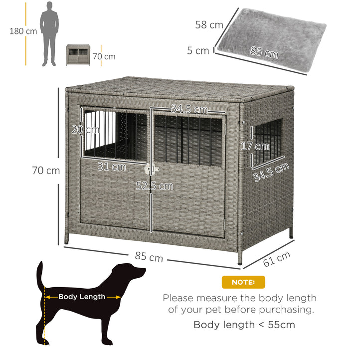 Double-Door Wicker Dog Crate - Includes Soft Washable Cushion, Spacious 85x61x70 cm Kennel - Ideal for Medium to Large Dogs, Comfort & Security