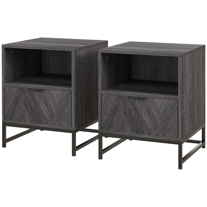 Dark Grey Bedside Tables Set of 2 - Modern End Table with Drawer and Shelf, Sturdy Steel Legs - Ideal for Living Room and Bedroom Storage