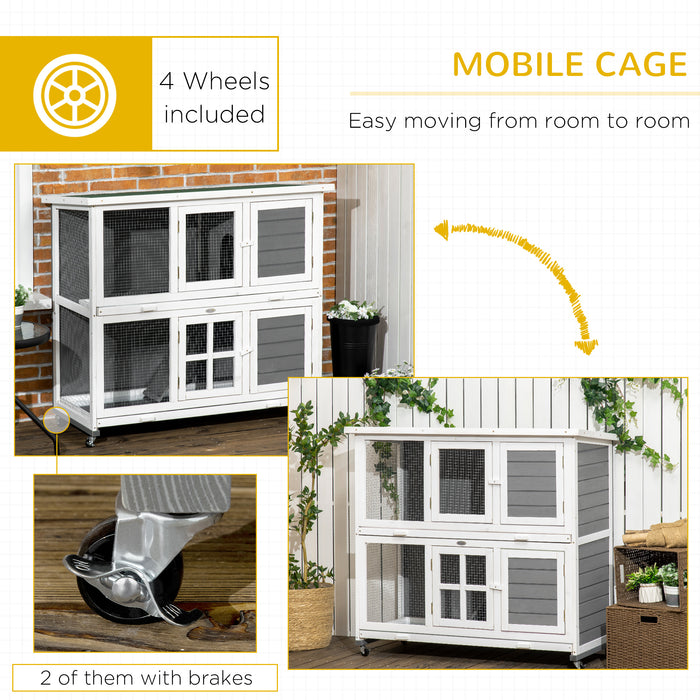 Wooden Rabbit Hutch on Wheels - Spacious Guinea Pig Cage with Slide-out Trays for Easy Cleaning - Ideal Small Animal House for Indoor & Outdoor Use, 119x50.5x109cm, Grey