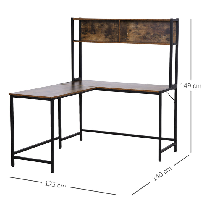 Industrial Corner Desk with Storage Shelves - L-Shaped Workstation with Steel Frame and Adjustable Feet - Home Office Study Furniture in Stylish Brown and Black