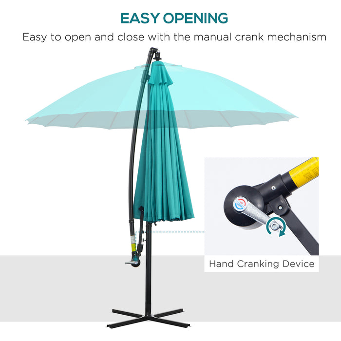 Cantilever Shanghai Parasol - 3m Outdoor Hanging Banana Sun Umbrella with Easy Crank Handle, 18-Sturdy Ribs, Cross Base - Ideal for Garden Shade & Sun Protection, Turquoise