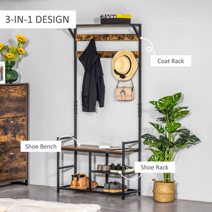 Shoe Storage Bench with Coat Rack Stand - 9 Hooks and Shelving, 180cm Tall in Brown and Black - Ideal for Bedroom, Living Room, or Entryway Organization