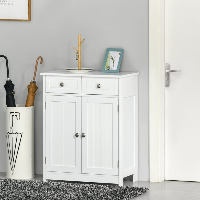 Free-Standing Bathroom Cabinet with Adjustable Shelf - 2-Drawer Storage Unit with Cupboard, Traditional Style, 75x60 cm, White - Ideal for Bathroom Organization and Space Optimization