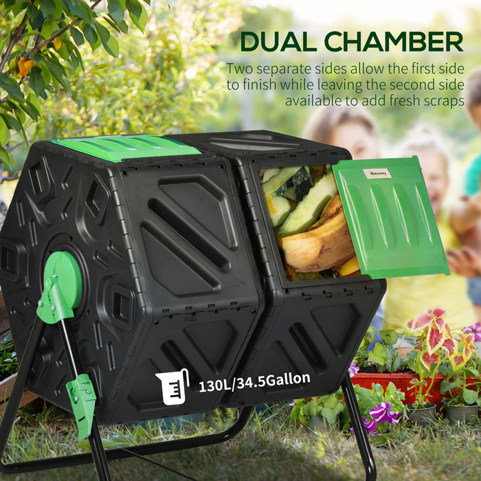 Dual Chamber 130L Rotating Composter - Garden Compost Bin with Aerating Openings and Sturdy Steel Legs - Ideal for Organic Waste Recycling & Soil Enrichment