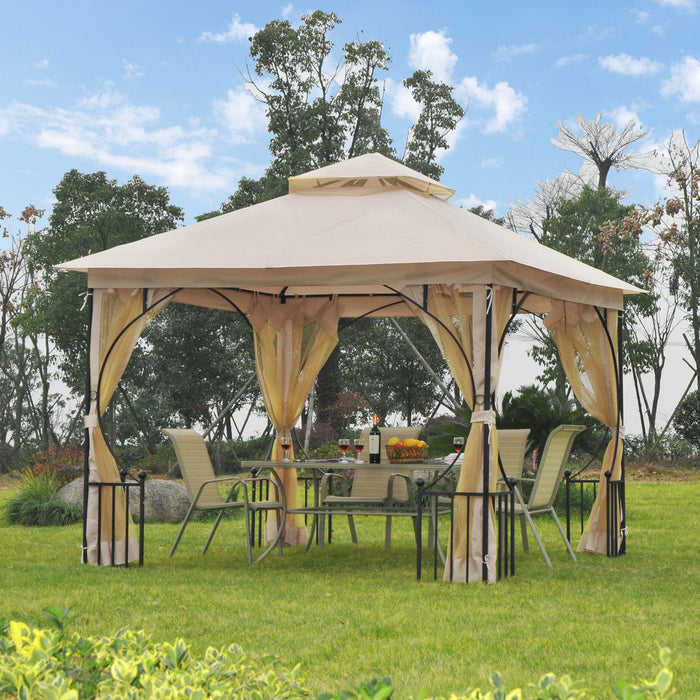 Garden Gazebo Patio Tent 3x3M - Double-Tier Sun Shade Canopy with Metal Frame for Outdoor Events - Ideal Shelter for Parties and Gatherings in Beige