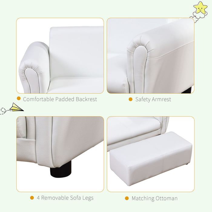 Kids Twin Sofa with Footstool - 2-Seater Toddler Chair for Children, Double Seat Armchair, Boys and Girls Lounge Furniture - White Couch Perfect for Sibling Sharing and Playrooms