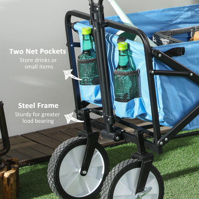 Folding Garden Trolley Cart with Telescopic Handle - Heavy-Duty Cargo Wagon Trailer for Outdoor Use - Ideal for Beach and Gardening Tasks, Blue