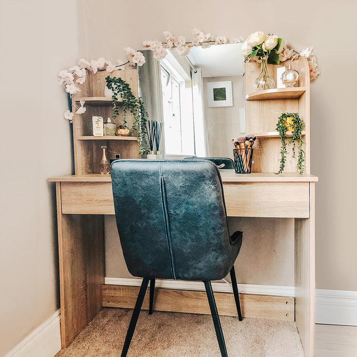 Oak-Toned Particle Board Dressing Table with Glass Mirror - Built-in Shelves for Convenient Storage - Ideal for Bedroom Organization and Style