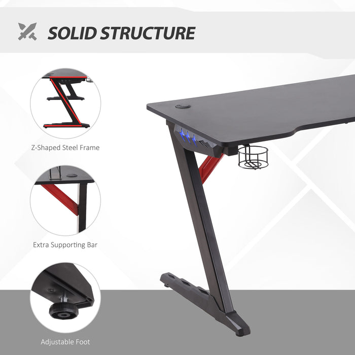 Gaming Desk with LED Ambiance - Z-Shaped Workstation with Built-in Cup Holder and Headphone Hook - Perfect for Home Office and Gaming Enthusiasts