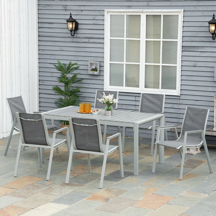 7-Piece Patio Dining Ensemble - Aluminum Frame with Wood Grain Plastic Tabletop & Mesh Fabric Armchairs in Light Grey - Ideal for Outdoor Family Dinners and Gatherings