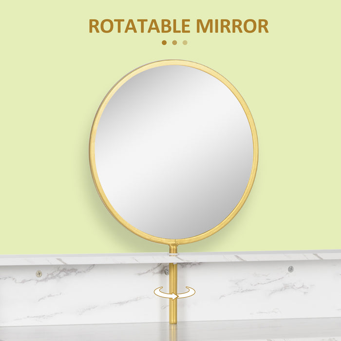 Modern Round Mirror Vanity Desk - Faux Marble Dressing Table with Open Storage and Steel Frame - Elegant Makeup Station for Bedroom, White