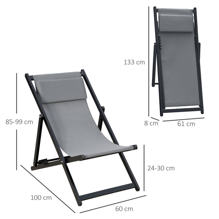 Aluminium Frame Deck Chairs, Set of 2 - Folding Patio Loungers for Beach & Garden in Grey - Ideal for Outdoor Relaxation and Sunbathing