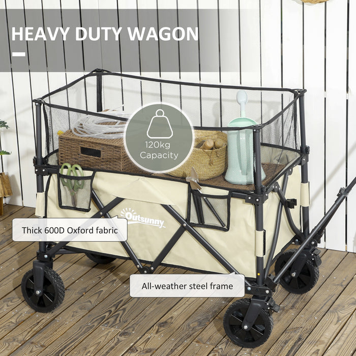 Folding Garden Trolley Wagon - 180L Capacity, Extendable Side Walls, Multipurpose Cart, Khaki - Ideal for Beach, Camping, Festivals