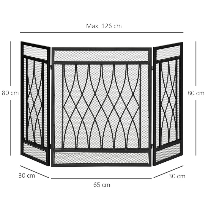 Metal Mesh Fire Spark Guard - 3-Panel Folding Fireplace Screen, 126x3x80cm in Black - Safety Accessory for Home & Hearth