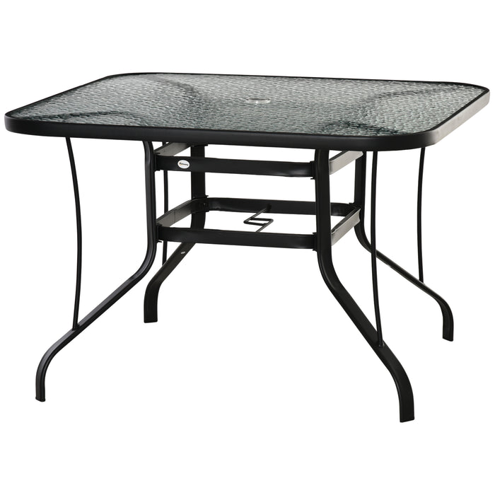 Tempered Glass Square Garden Table with Umbrella Insert - Durable Steel Framed Outdoor Dining Table with Parasol Hole - Perfect for Patio, Lawn, or Garden Entertaining