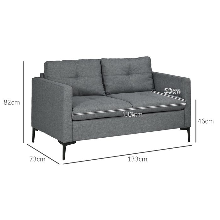 Modern 2-Seater Loveseat Couch - 133cm Upholstered Fabric Sofa with Steel Legs, Dark Grey - Perfect for Living Room and Bedroom Comfort