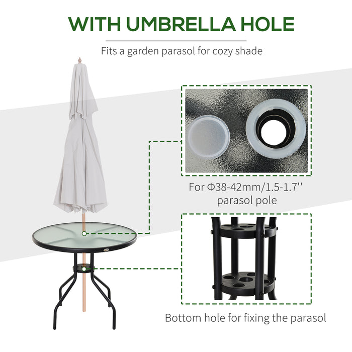 Outdoor Round Dining Table with Parasol Hole - Tempered Glass Top, 80cm Diameter Coffee Side Table - Ideal for Garden and Patio Entertaining