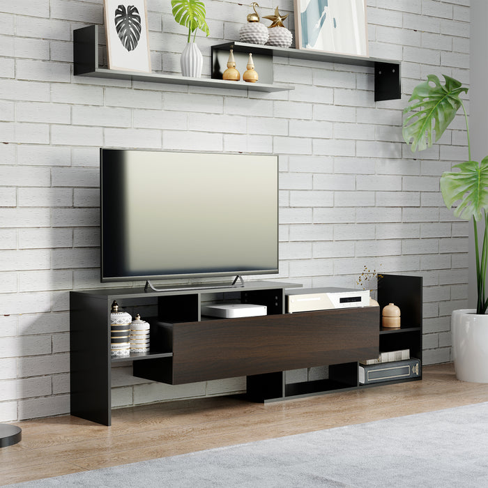 Modern Wall-Mounted Entertainment Center - Storage-Friendly TV Stand with Cabinet and Shelf, Holds Up to 65" TVs - Stylish Living Room or Bedroom Décor in Black and Dark Brown