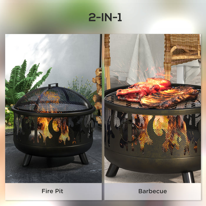 Outdoor Round Metal Firepit Bowl with Accessories - 2-in-1 Fire Pit Grill Combo with Lid, Poker & Handles - Ideal for Garden Camping, BBQs, Bonfires & Wood Burning