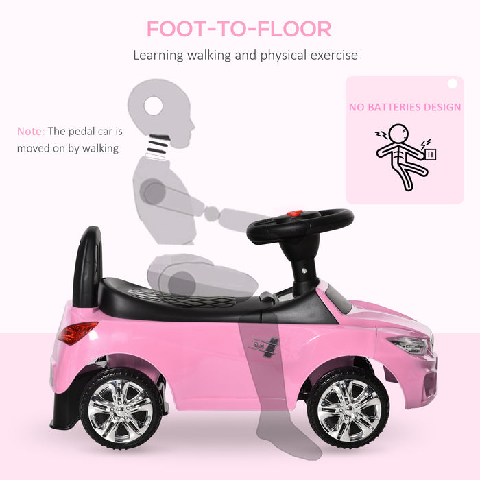 Toddler Sliding Ride-On Car with Music and Horn - Foot to Floor Slider Stroller with Working Lights and Hidden Storage - Large Steering Wheel, Pink, Ideal for Active Kids