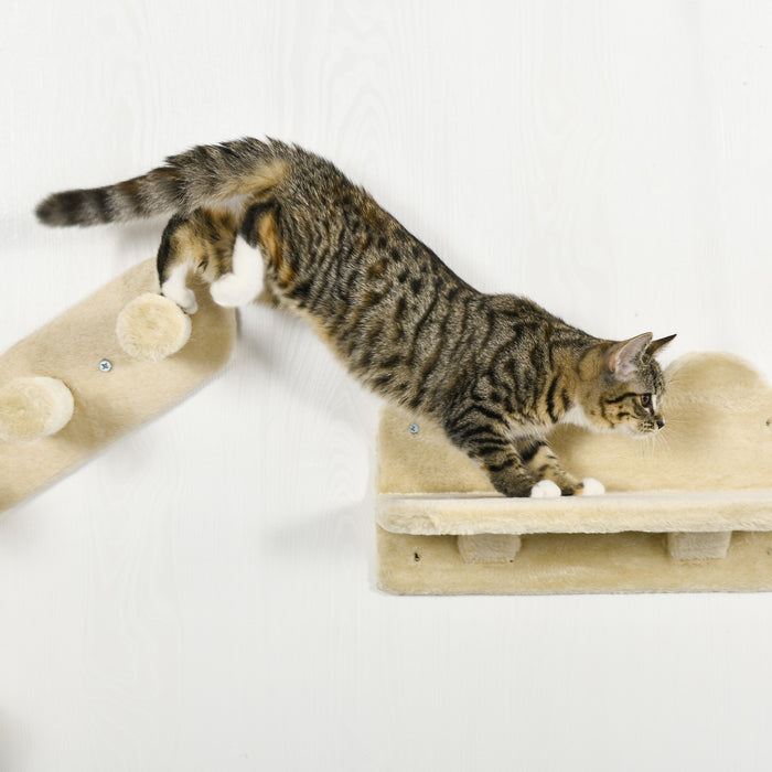 Cat Climbing Fun Station - Wall-mounted 4-Piece Shelf Set with Hammock, Scratching Post, and Jumping Platforms - Beige Kitten Activity Center for Playful Climbing and Lounging