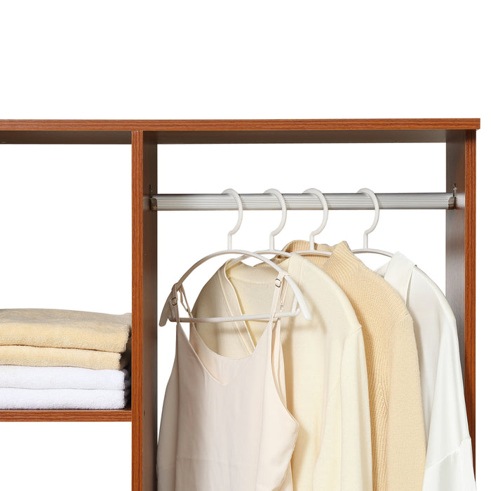 Open Wardrobe with Hanging Rail and Storage Shelves - Mobile Bedroom Clothing Organizer in Walnut Finish - Space-Saving Solution for Clothes and Accessories