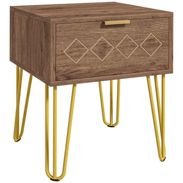 Wooden Nightstand with Storage Drawer - Modern Bedside Table & Sofa Side Table with Gold Tone Metal Legs - Ideal for Living Room and Bedroom Organization