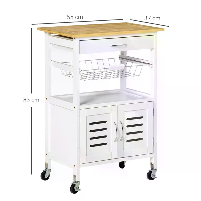 Kitchen Island Cart with Bamboo Top - Rolling Trolley with Storage, Drawer & Wire Basket - Mobile Utility Cart for Home Kitchen Organization