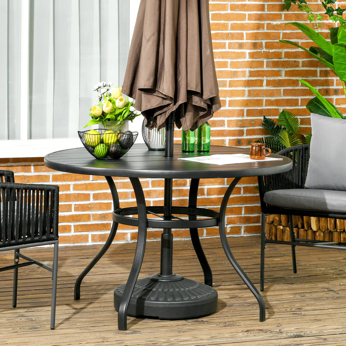 Outdoor Round Patio Table - Garden Dining with Parasol Hole and Slatted Metal Top, Seats Four - Ideal for Al Fresco Meals and Backyard Gatherings