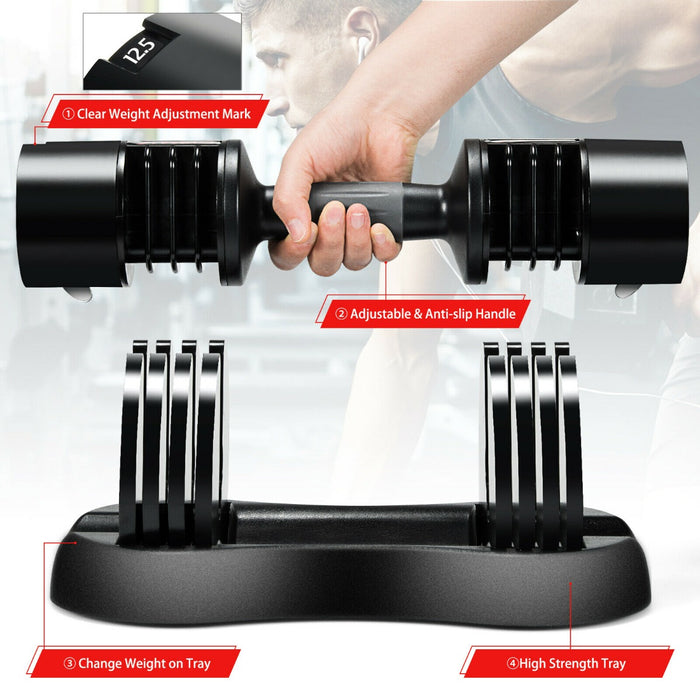 Adjustable Dumbbell - 5-in-1 Design, Tray Included and Non-slip Metal Handle - Ideal for Home Fitness Workouts