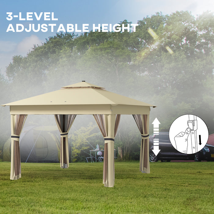 Pop Up Gazebo Party Tent with Solar LED Lights - 3x3m Adjustable Event Shelter with Curtain and Netting, Khaki - Ideal for Outdoor Gatherings and Celebrations