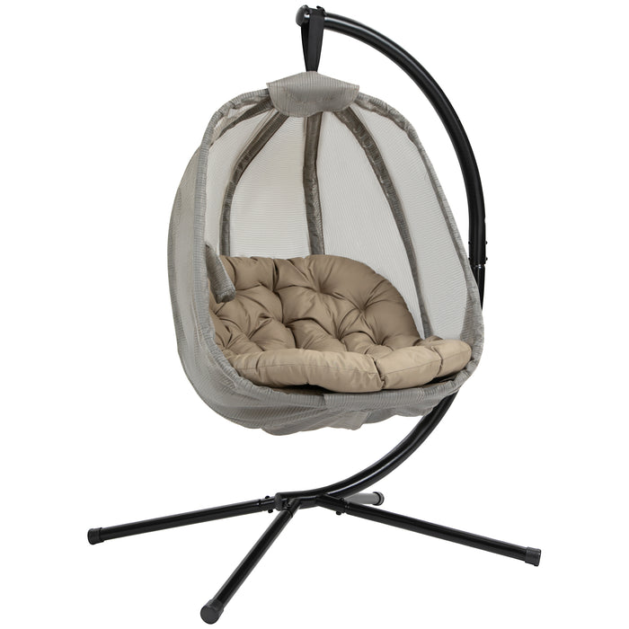 Folding Swing Hammock Egg Chair with Stand - Cushioned Indoor/Outdoor Hanging Chair for Patio & Garden - Comfortable Relaxation Khaki Lounger