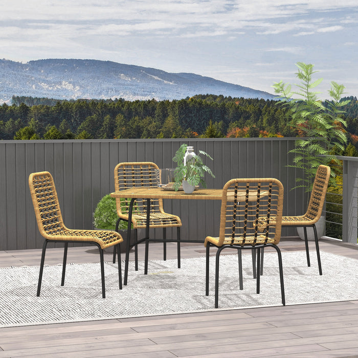 5-Piece Rattan Outdoor Dining Ensemble - Tempered Glass Tabletop with Hollowed-Out Pattern, Natural Wood Finish - Ideal for Patio and Conservatory Spaces