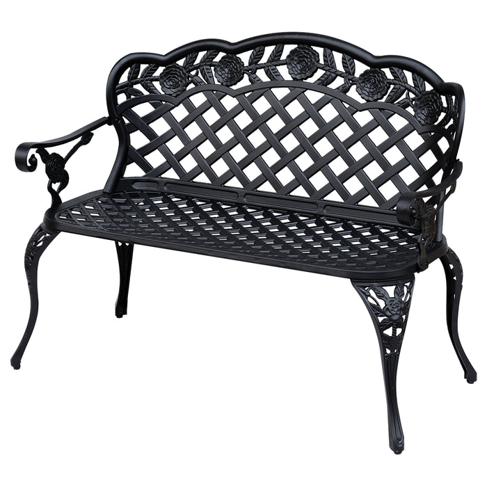 Cast Aluminium Garden Bench - Outdoor 2-Seater Patio Chair with High Back and Armrests in Antique Black - Elegant Seating for Garden and Patio Comfort