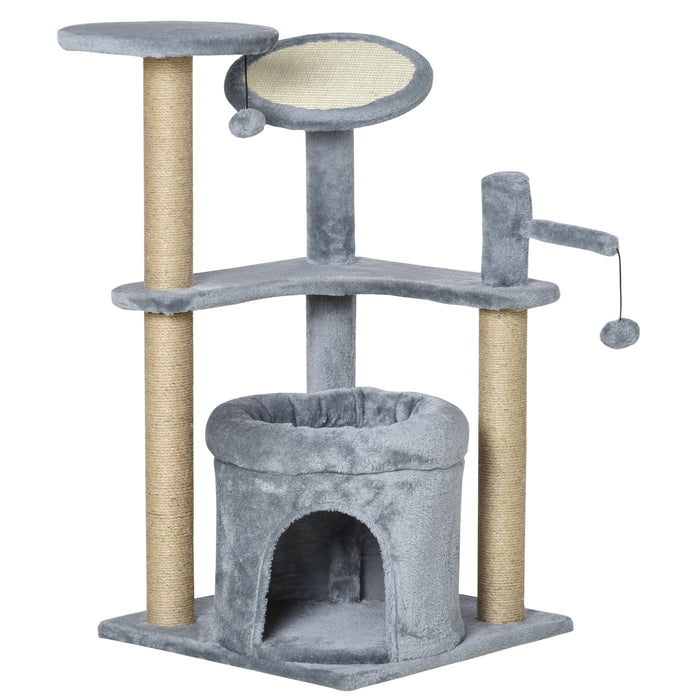 Cat Tree Tower with Condo Bed - Kitten Activity Center with Scratching Post, Perch & Ball Toy in Grey - Ideal for Playful Cats and Scratching Enrichment