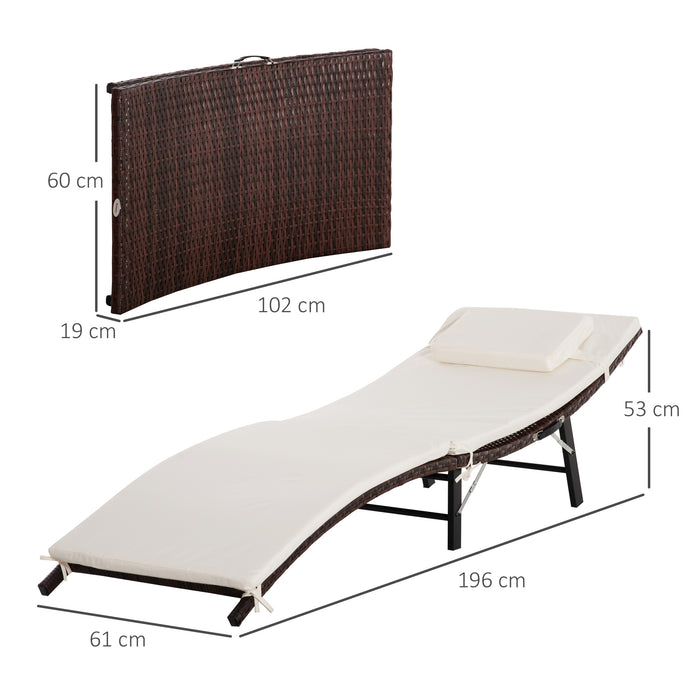 Rattan Folding Sun Lounger with Wicker Weave - Outdoor Garden Patio Chair with Cushion and Pillow, Brown - Ideal for Poolside Relaxation and Comfort