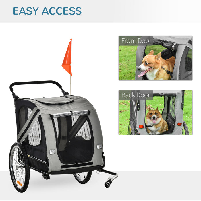 2-in-1 Dog Bike Trailer & Pet Stroller - Steel Frame Bicycle Carrier with Universal Wheel, Reflectors, and Flag in Grey - Ideal Travel Accessory for Pet Owners