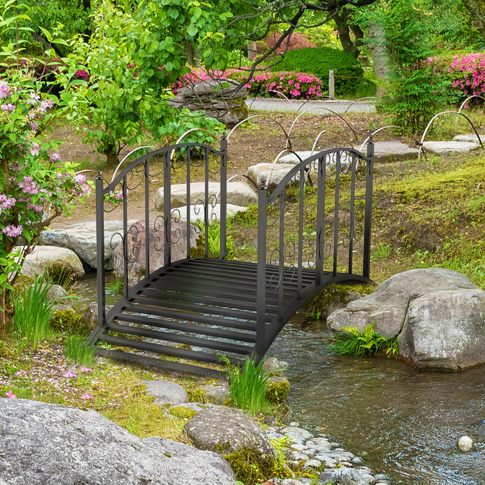 Metal Scrollwork Garden Bridge - 1.2M Decorative Arch Walkway in Black - Enhances Garden Paths and Walkways