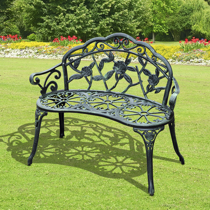 Antique Rose Style Cast Aluminium Bench - Sturdy Outdoor Garden and Patio Seating - Ideal for Parks, Porches, and Home Gardens