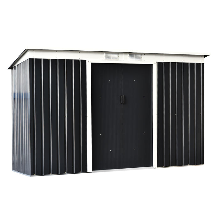 Metal Garden Shed 9x4 ft - Corrugated Steel Roof, Ventilation Kit, and Double Doors - Patio Storage Solution for Tools and Equipment, Dark Grey