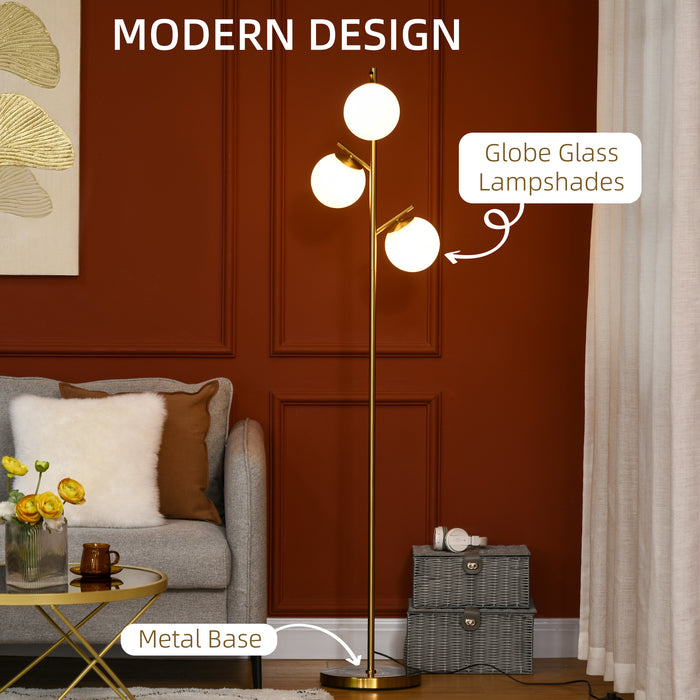 Contemporary 3-Light Tree Floor Lamp - Globe Lampshades, Steel Base, Gold Tone Finish - Stylish Illumination for Living Room and Bedroom