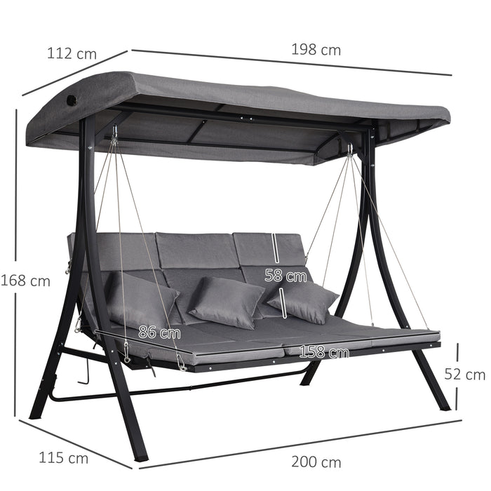 Outdoor 3-Seater Steel Recliner Swing Chair - Sturdy Garden Lounger with Grey Canopy - Comfortable Seating for Patio Relaxation