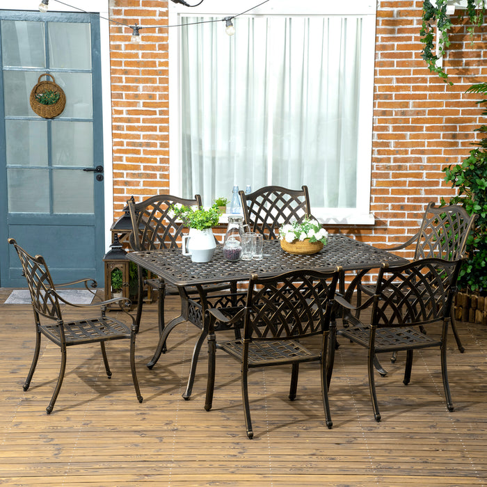 Cast Aluminum 6-Seater Patio Dining Set - Outdoor Furniture with Cushioned Chairs & Umbrella Hole - Ideal for Family Gatherings & Garden Parties